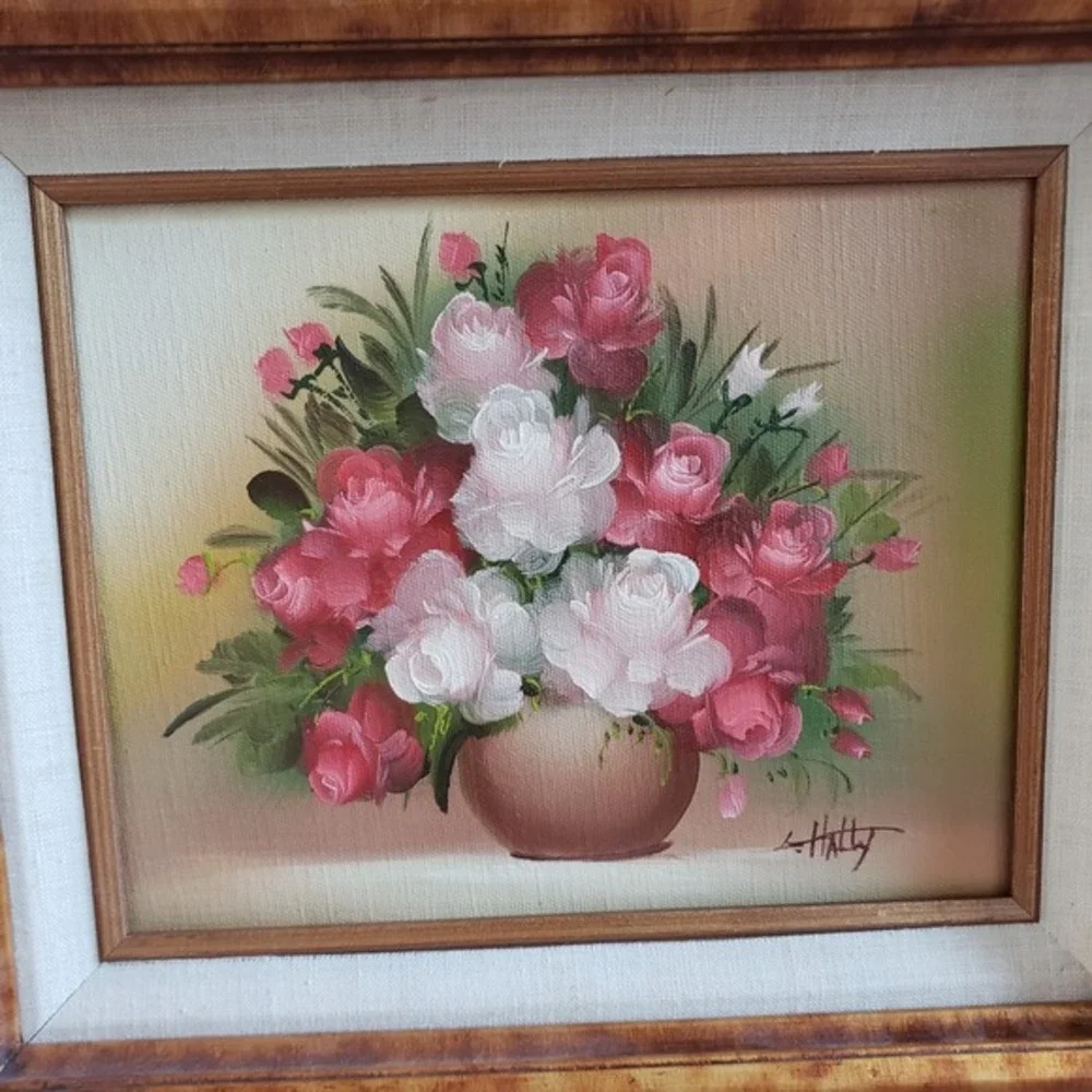 Vintage Original Oil Painting Signed Floral Still‎ Life Double Gold Framed 15x17